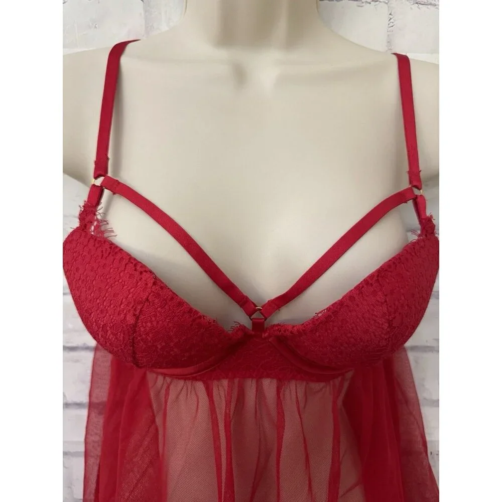 Victoria’s Secret Size 32C Red Push Up Babydoll‎ Chiffon Lace Neglige